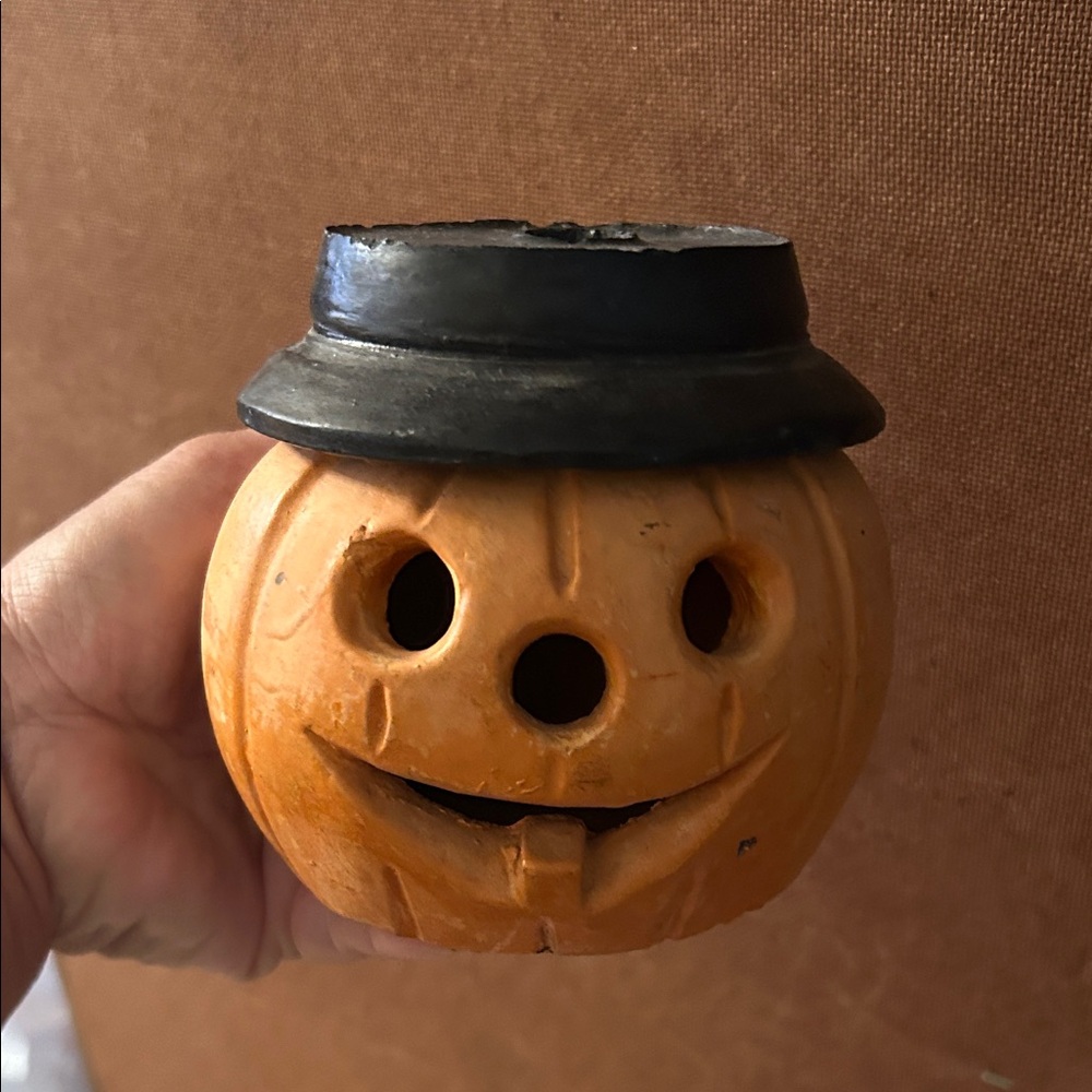 Vtg RARE Comanche Pottery ‘Pee-Wee’ Halloween Pumpkin Jack-O-Lantern w/Top Hat